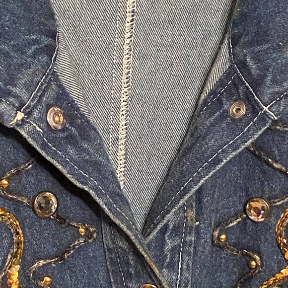 VINTAGE Denim Long Jacket Art Deco Sequins/Beads Women's Size (M) - Picture 9 of 11